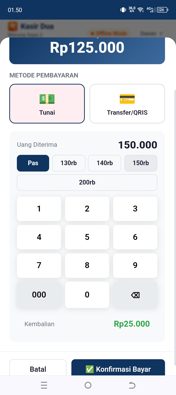 Kasir Dua: bayar tunai Rp125.000, kembalian Rp25.000