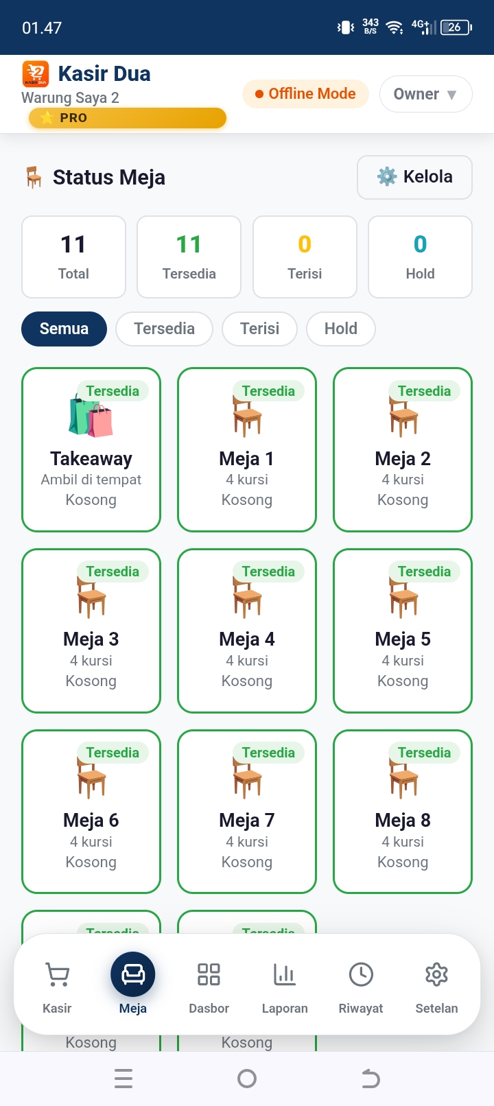 Layar status meja Kasir Dua