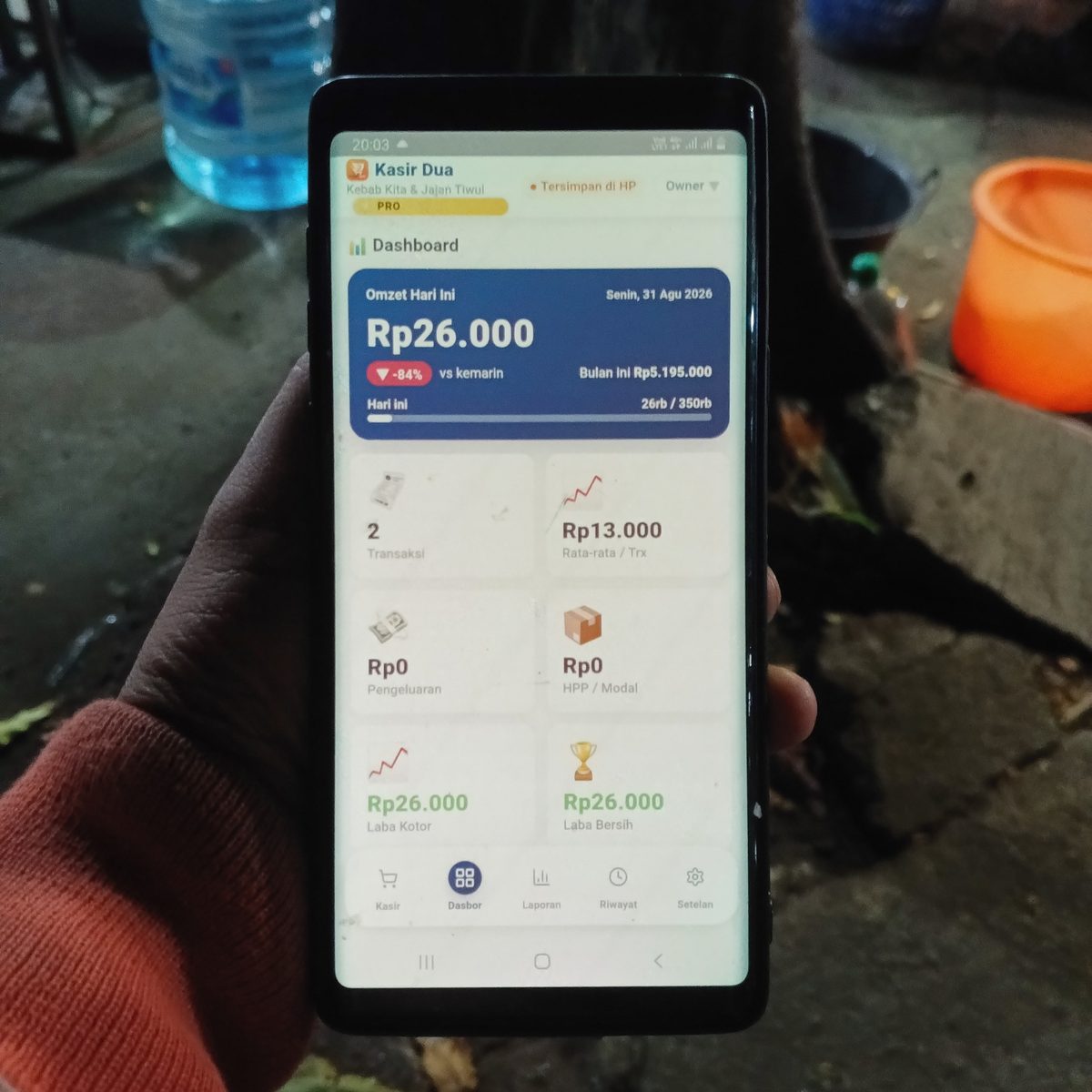 Dasbor Kasir Dua: omzet hari itu Rp26.000 dan bulan itu Rp5.195.000